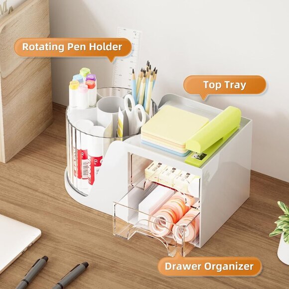 Desk Organizer with 2 Drawer, 360°Rotating Pen Holder, Desk Organizers and Acces - Picture 4 of 7